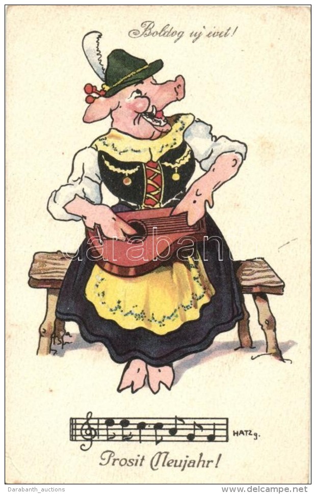 ** T2/T3 Boldog &Uacute;j&eacute;vet! / New Year Greeting Card, Pig Woman With Music Instrument, B.K.W.I 3044-1. S:... - Non Classés