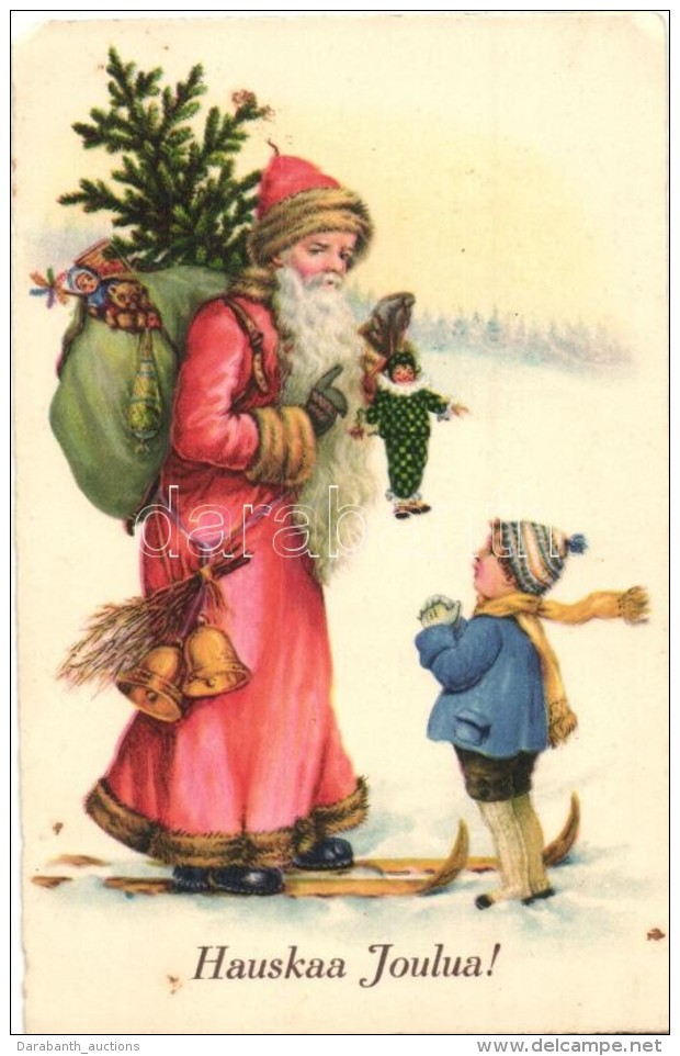 * T2/T3 'Hauskaa Joulua!' / Finnish Christmas Greeting Card, Saint Nicholas Skiing, Child, Litho (EK) - Sin Clasificación