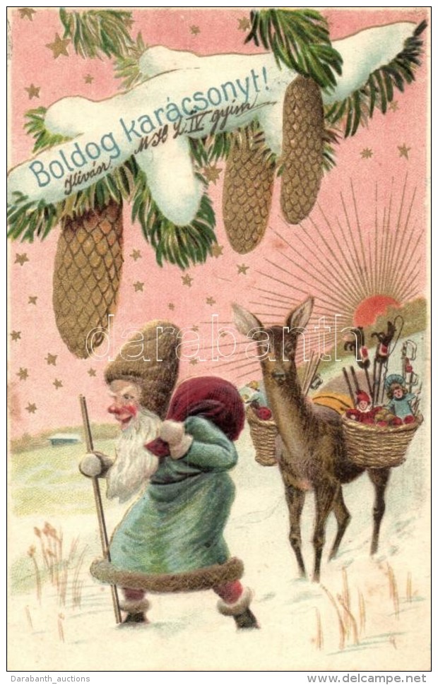 T2/T3 Boldog Kar&aacute;csonyt! / Christmas Greeting Card, Dwarf, Trademark No. 221. Emb. Litho (fl) - Non Classés