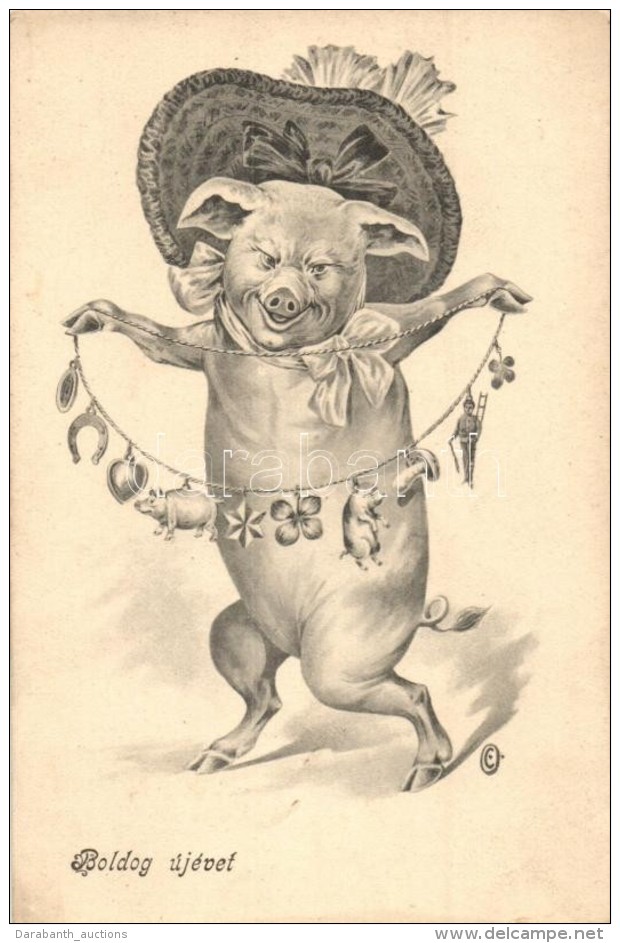 ** T1 Boldog &uacute;j&eacute;vet! / New Year Greeting Card, Pig Lady - Non Classés