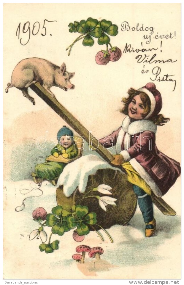 T2/T3 Boldog &Uacute;j&eacute;vet / New Year Greeting, Children With Pig, Clovers, Mushrooms (EK) - Non Classés