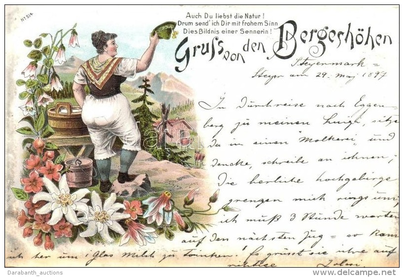 * T2 1897 Gruss Von Den Bergesh&ouml;hen! / Austrian Milkmaid Floral Litho Greeting Card - Non Classés