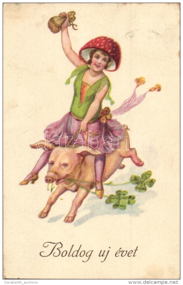 T2 New Year, Pig Riding Lady, Mushroom Hat, Erika Nr. 605. Litho - Non Classés
