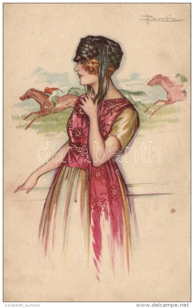 ** T2 'Anna &amp; Gasparini' Italian Art Postcard, Lady At The Horse Race S: Busi - Non Classés
