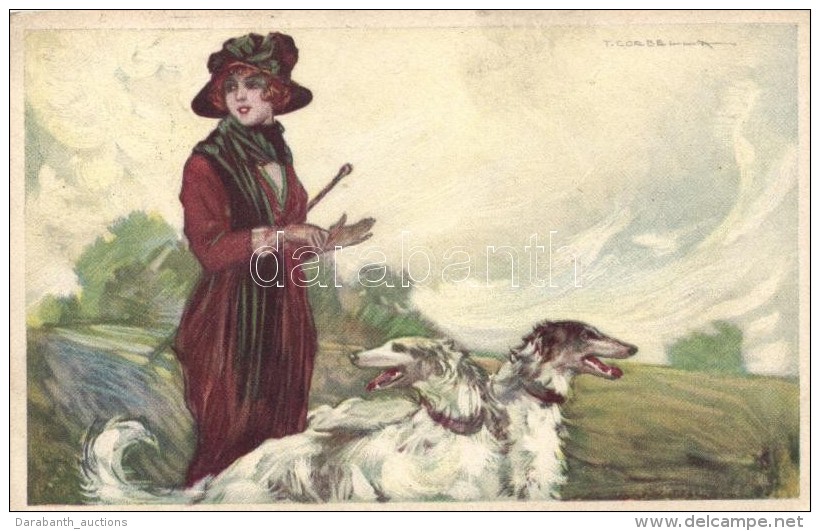 T2/T3 'Anna &amp; Gasparini' Italian Art Postcard, Lady With Dogs S: T. Corbella - Non Classés