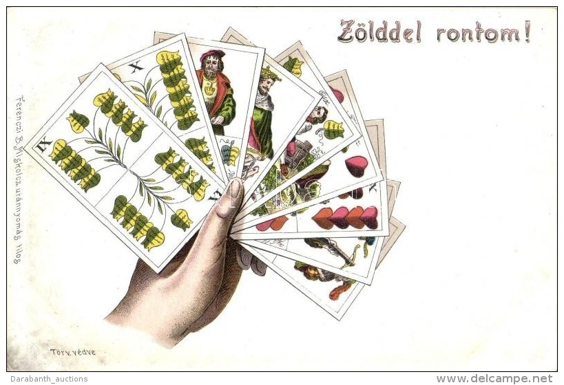 ** T2 'Z&ouml;lddel Rontom' Magyar K&aacute;rty&aacute;s K&eacute;peslap; Kiadja Ferenczi B. / Tell Playing Cards,... - Non Classés