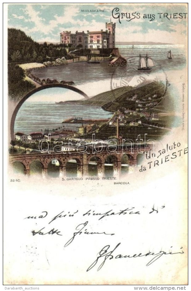 T2/T3 1897 Trieste, Miramare, S. Bartolo Presso, Barcola / Castle, Port, Sailboats, Railway Viaduct, Locomotive,... - Non Classés