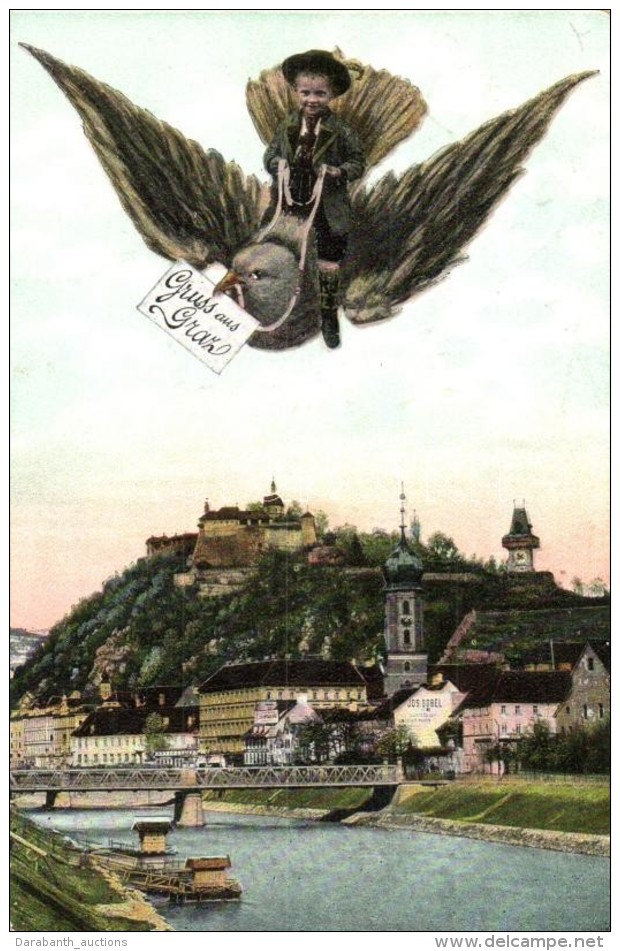 * T2 Graz, Gruss Aus...Jos. Sobel. Kunstverlag Frank Nr. 675/1. / Greeting Card With Flying Boy On Bird, Shop Of... - Non Classés