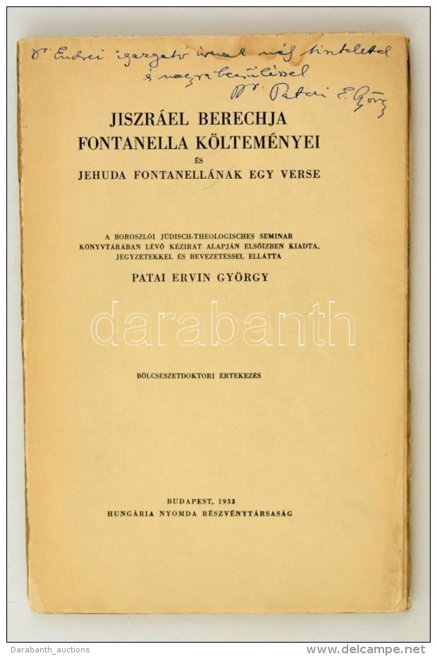 Patai Ervin Gy&ouml;rgy: Jiszr&aacute;el Berechja Fontanella K&ouml;ltem&eacute;nyei &eacute;s Jehuda... - Non Classés