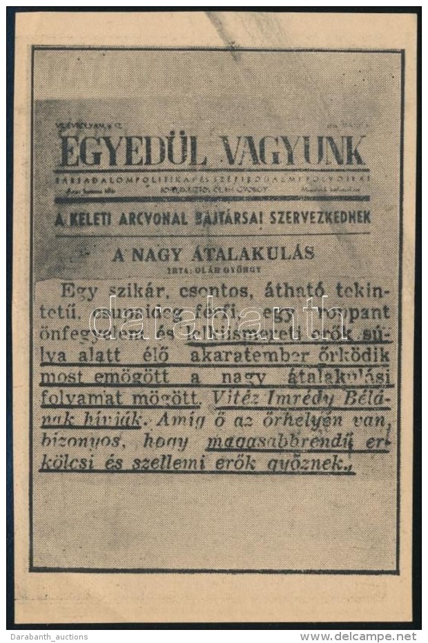 Cca 1940 Egyed&uuml;l Vagyunk Hungarista R&ouml;plap - Non Classés