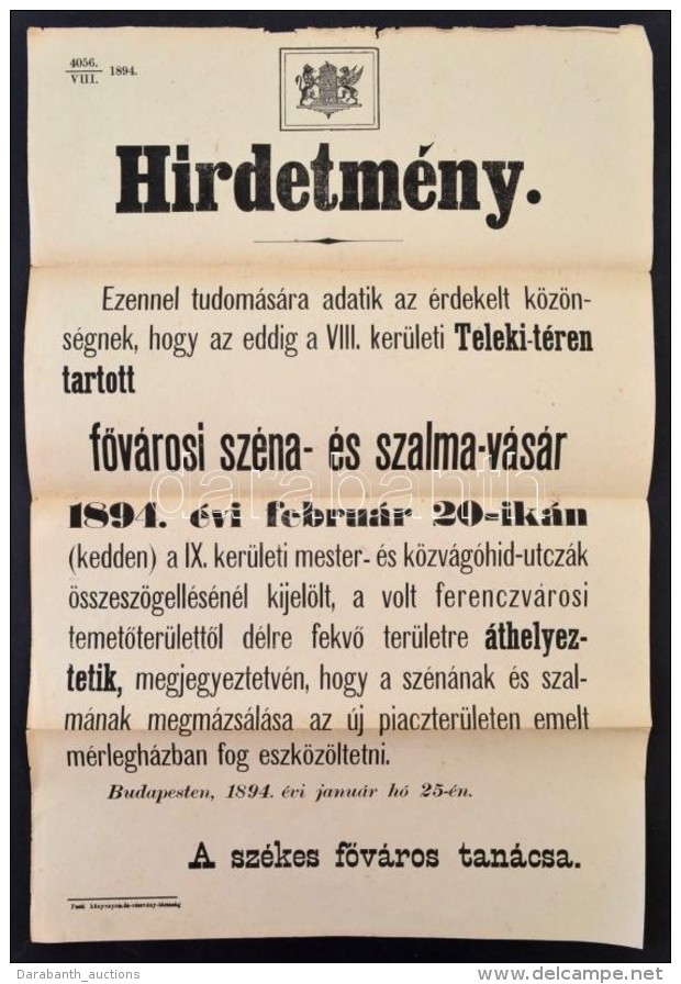 1894 FÅ‘v&aacute;rosi Sz&eacute;nav&aacute;s&aacute;r Hirdetm&eacute;ny - Non Classés