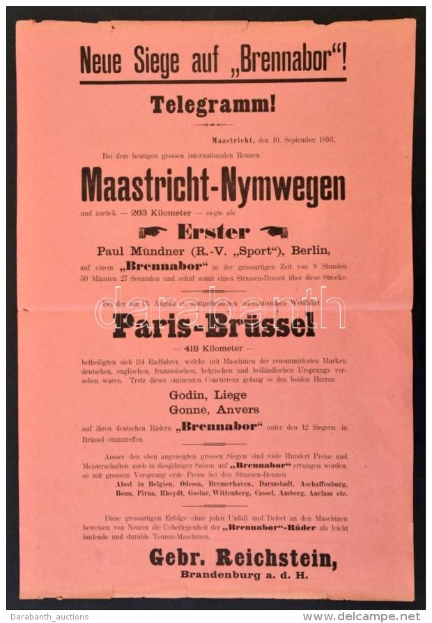1893 Maastricht, P&aacute;rizs-Br&uuml;sszel  Ker&eacute;kp&aacute;rverseny N&eacute;met NyelvÅ± Plak&aacute;tja,... - Non Classés