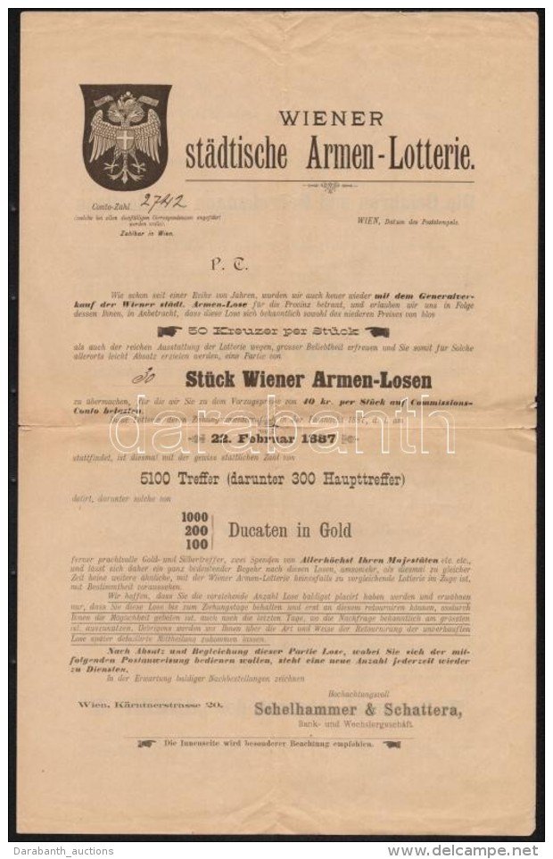 1887 B&eacute;csi V&aacute;rosi Lott&oacute; Hirdetm&eacute;ny, Szakad&aacute;ssal / 1887 Vienna City Lottery... - Non Classés