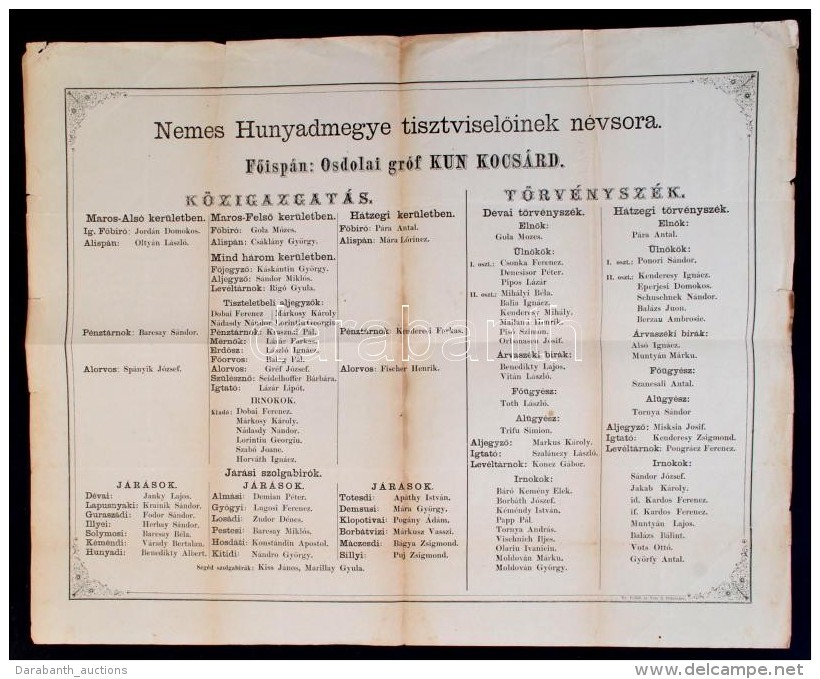 1867 Nemes Hunyad V&aacute;rmegye TisztviselÅ‘inek N&eacute;vsora, FÅ‘isp&aacute;n Kun Kocs&aacute;rd, Hajtott,... - Non Classés