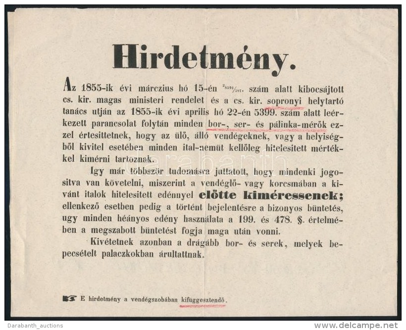 1855 Hirdetm&eacute;ny Kocsm&aacute;k R&eacute;sz&eacute;re A Hiteles&iacute;tett M&eacute;rÅ‘ed&eacute;nnyel... - Non Classés