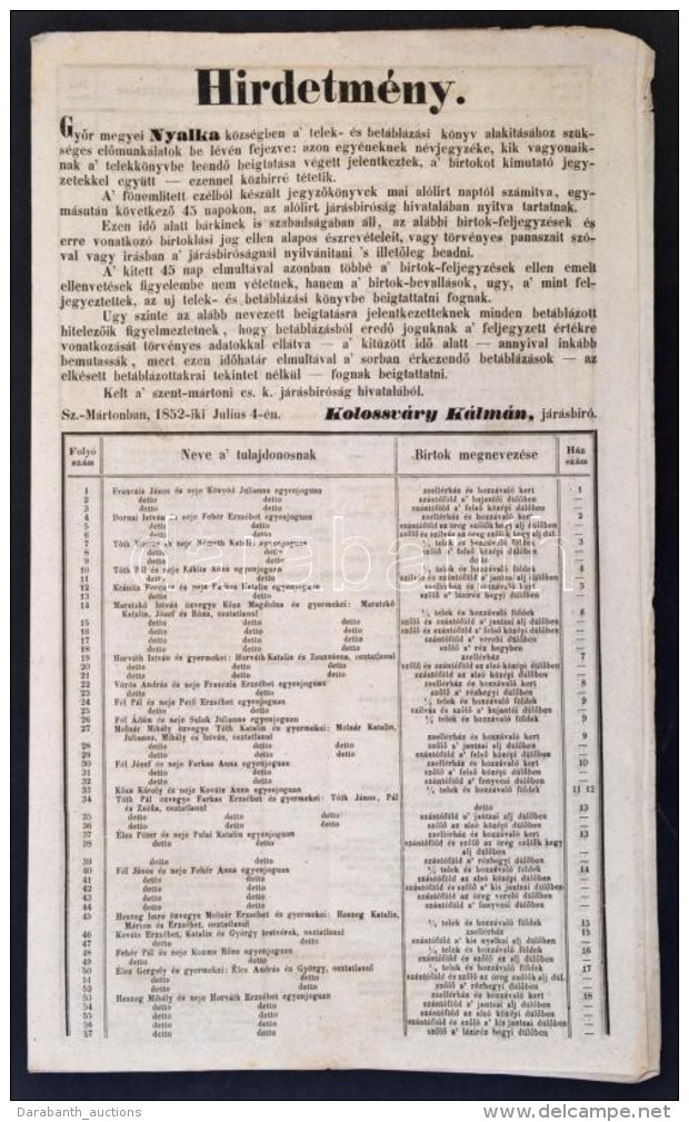 1852 Hirdetm&eacute;ny Nyalka K&ouml;zs&eacute;g F&ouml;ld- &eacute;s Telektulajdonosair&oacute;l - Non Classés