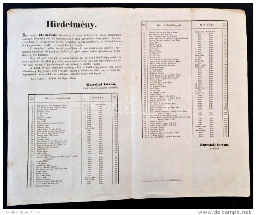 1852 GyÅ‘r, Hirdetm&eacute;ny H&eacute;derv&aacute;r K&ouml;zs&eacute;g F&ouml;ld- &eacute;s... - Non Classés