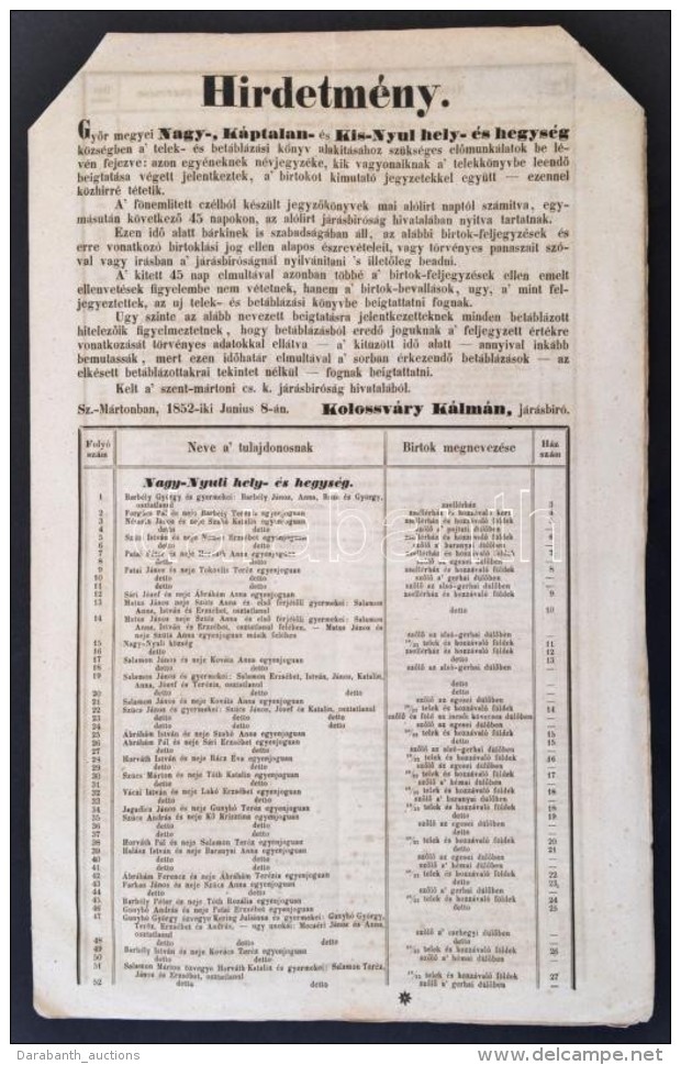 1852 Szentm&aacute;rton, Hirdetm&eacute;ny Nagy-, K&aacute;ptalan- &eacute;s Kis-Ny&uacute;l K&ouml;zs&eacute;g... - Non Classés