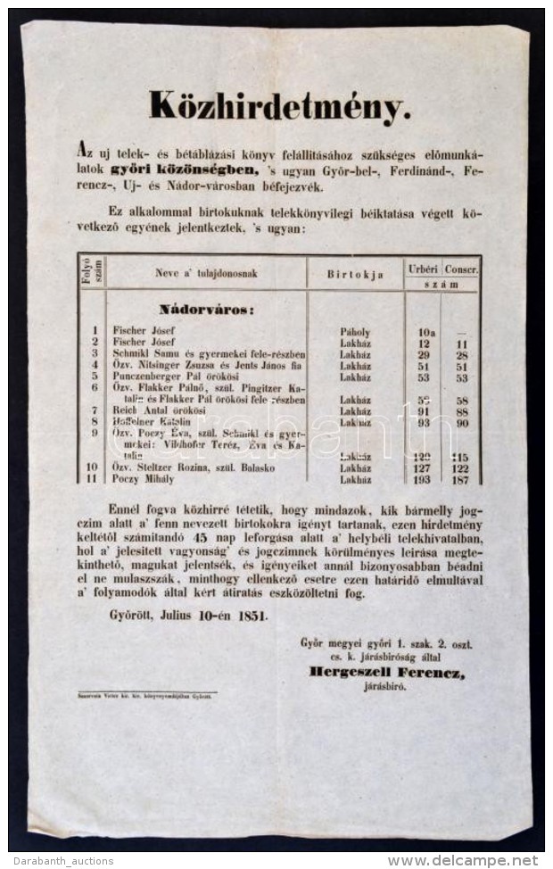 1851 GyÅ‘r, K&ouml;zhirdetm&eacute;ny GyÅ‘r K&ouml;zs&eacute;g &uacute;j F&ouml;ld- &eacute;s... - Non Classés