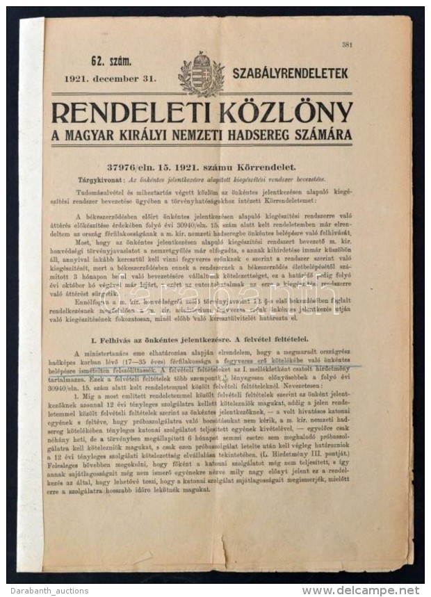 1921 Rendeleti K&ouml;zl&ouml;ny A Magyar Kir&aacute;lyi Nemzeti Hadsereg Sz&aacute;m&aacute;ra.... - Autres & Non Classés