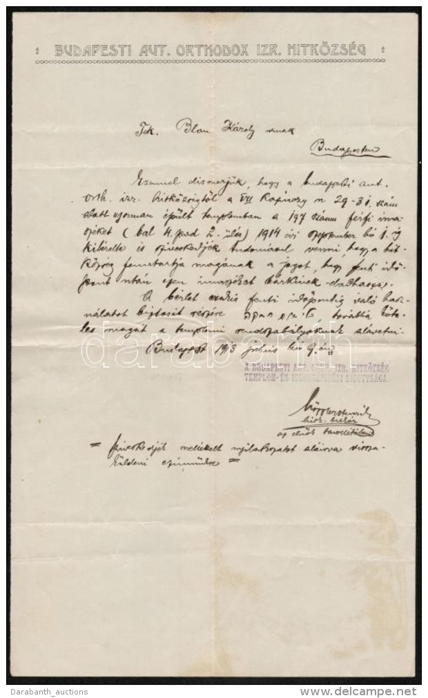 1913 Budapesti Auton&oacute;m Orthodox Izraelita Hitk&ouml;zs&eacute;g Igazol&aacute;sa Blau K&aacute;roly... - Autres & Non Classés