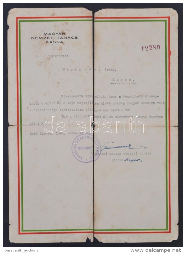1938 Kassai Nemzeti Tan&aacute;cs Igazol&oacute; Okm&aacute;ny Magyar Szem&eacute;ly... - Non Classés