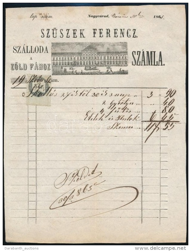 1865 Nagyv&aacute;rad Z&ouml;ldfa Sz&aacute;lloda Fejl&eacute;ces Sz&aacute;mla / Etched Hotel Invoice - Non Classés