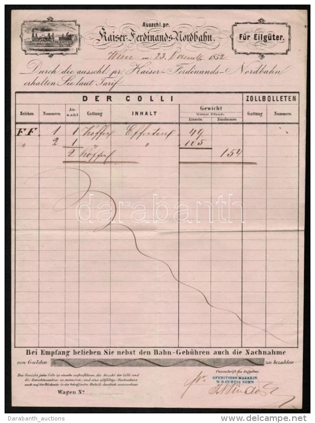 1852 Kaiser Ferdinands-Nodbahn Fuvarlevele, D&iacute;szes Fejl&eacute;ces Pap&iacute;ron, N&eacute;met Nyelven./... - Non Classés