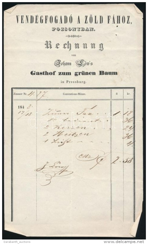 1848 Pozsony, Sz&aacute;mla A Z&ouml;ldfa Fogad&oacute;b&oacute;l / Pressburg Restaurant Invoice - Non Classés