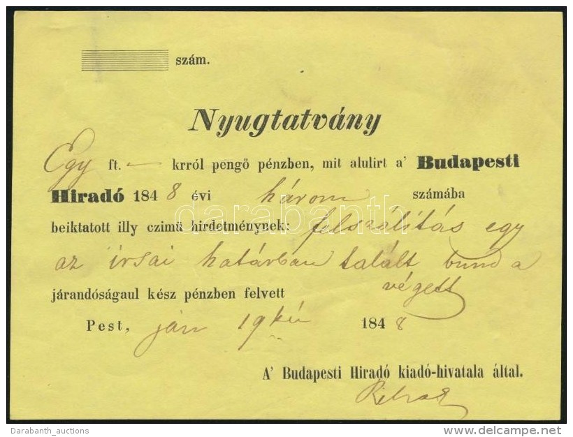 1848 Nyugtatv&aacute;ny A Budapesti Hirad&oacute;ba Feladott Hirdet&eacute;srÅ‘l - Non Classés