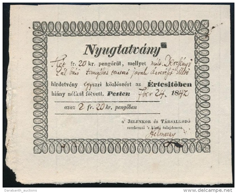 1842 A Jelenkor &eacute;s T&aacute;rsalkod&oacute; Hirdet&eacute;si Nyugt&aacute;ja - Non Classés