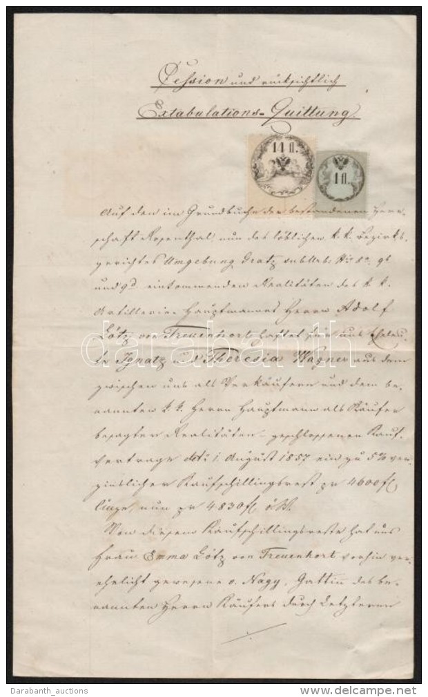 1858 Okm&aacute;ny 14Fl + 1Fl Okm&aacute;nyb&eacute;lyeggel / Document Stamps - Non Classés
