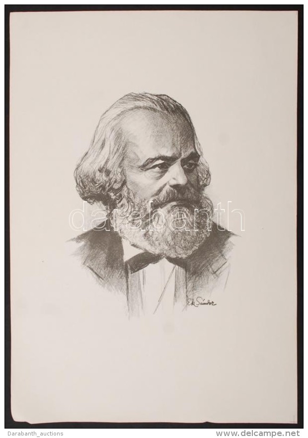 &Eacute;k S&aacute;ndor (1902-1975): Marx. Lithogr&aacute;fia (kÅ‘nyomat). Jelzett, K&eacute;pm&eacute;ret 32x38 Cm - Autres & Non Classés