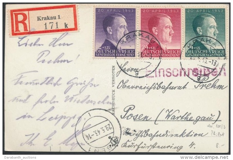 Generalgouvernement 1943 Aj&aacute;nlott K&eacute;peslap / Registered Postcard 'KRAKAU' - Posen - Autres & Non Classés