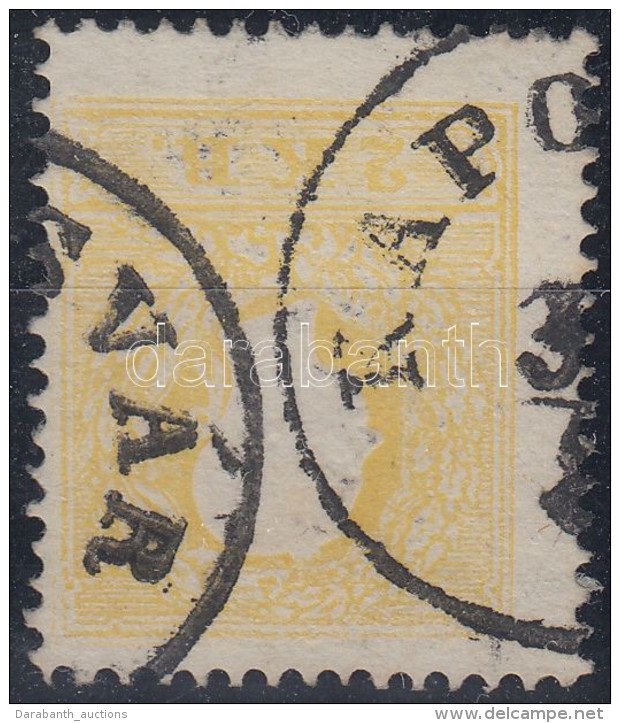 O 1858 2kr S&aacute;rga / Yellow II. Elfogazva / Shifted Perforation 'KAPOSV&Aacute;R' Signed: Ferchenbauer - Autres & Non Classés