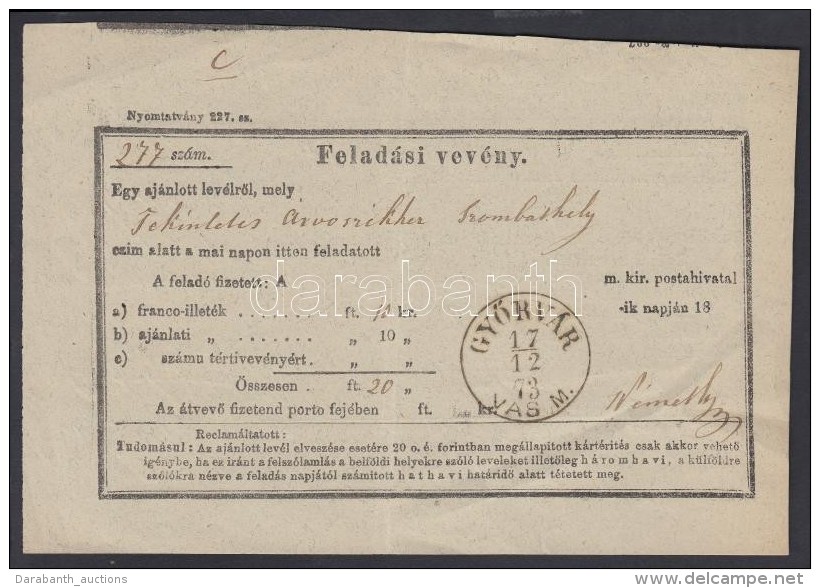 1873 Felad&oacute;vev&eacute;ny / Sender's Receipt 'GYÅRV&Aacute;R VAS M.' - Autres & Non Classés