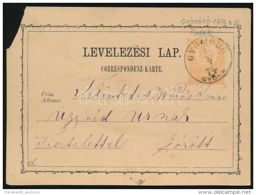 1874 2kr D&iacute;jjegyes LevelezÅ‘lap 'GY&Ouml;M&Ouml;RÅ / GYÅR. M.' (bal FelsÅ‘ Sarok Leszakadva) - Autres & Non Classés