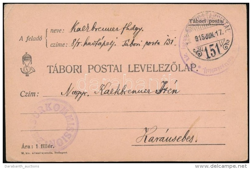 1915 T&aacute;bori Posta LevelezÅ‘lap / Field Postcard 'M.kir. Lugosi ... Hadt&aacute;pz&aacute;szl&oacute;alj' +... - Autres & Non Classés