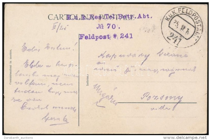 1916 T&aacute;bori Posta K&eacute;peslap / Field Postcard 'K.u.k. Res. Tel. Betr. Abt. No.70' + 'FP 241' - Autres & Non Classés