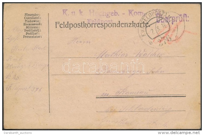 1916 T&aacute;bori Posta LevelezÅ‘lap / Field Postcard 'K.u.k. Hochgeb. - Kom. ...' + 'FP 376 B' - Autres & Non Classés