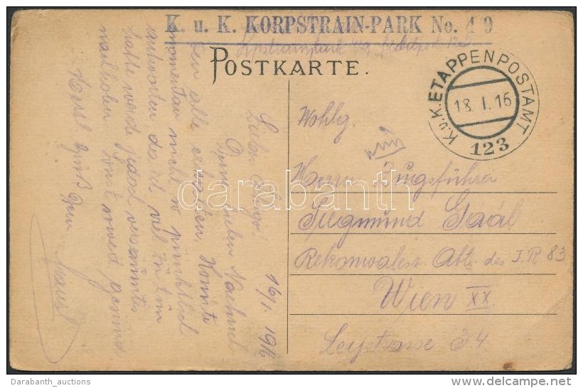 1916 T&aacute;bori Posta K&eacute;peslap / Field Postcard 'K.u.k. KORPSTRAIN-PARK No.4/9' + 'EP 123' - Autres & Non Classés