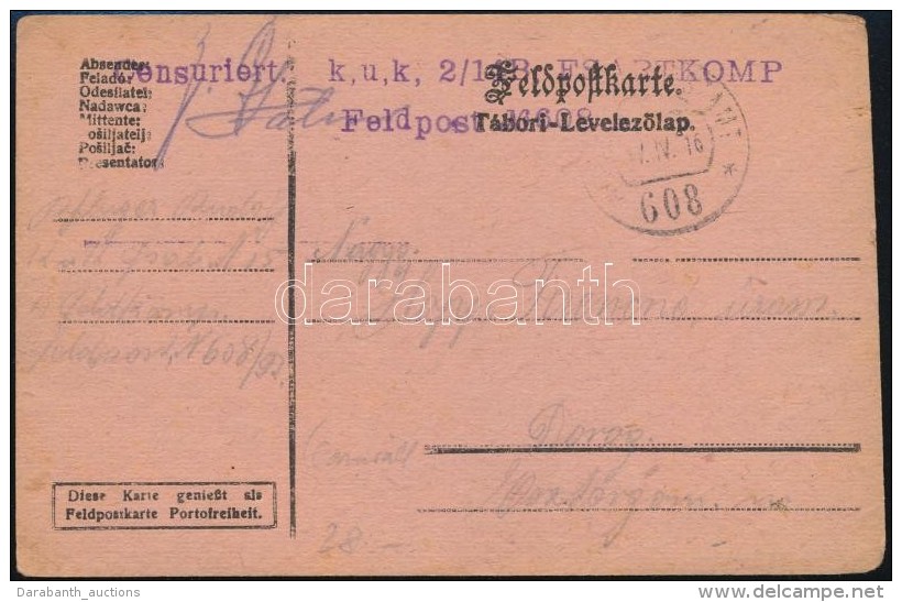 1916 T&aacute;bori Posta LevelezÅ‘lap / Field Postcard 'K.u.k. 2/14 B. FSARTKOMP' + 'FP 608' - Altri & Non Classificati