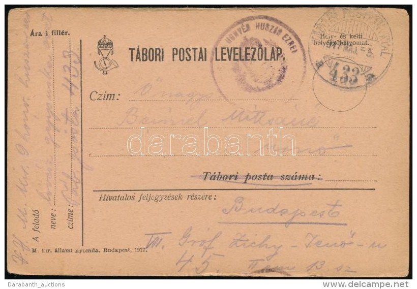 1917 T&aacute;bori Posta LevelezÅ‘lap / Field Postcard 'HONV&Eacute;D HUSZ&Aacute;R EZRED' + 'TP 433 A' - Autres & Non Classés