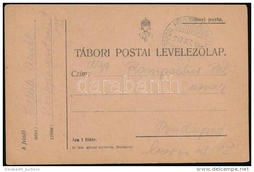 1917 T&aacute;bori Posta LevelezÅ‘lap / Field Postcard 'T&aacute;bori FÅ‘posta Kirendelts&eacute;g IV.' - Autres & Non Classés