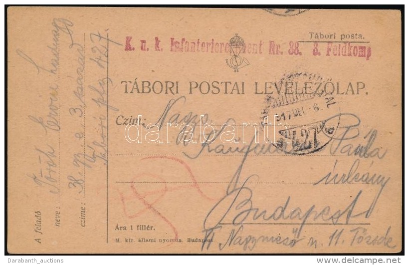 1917 T&aacute;bori Posta LevelezÅ‘lap / Field Postcard 'K.u.k. Infanterieregiment Nr.38. 3. Feldkomp' + 'TP 427 A' - Autres & Non Classés