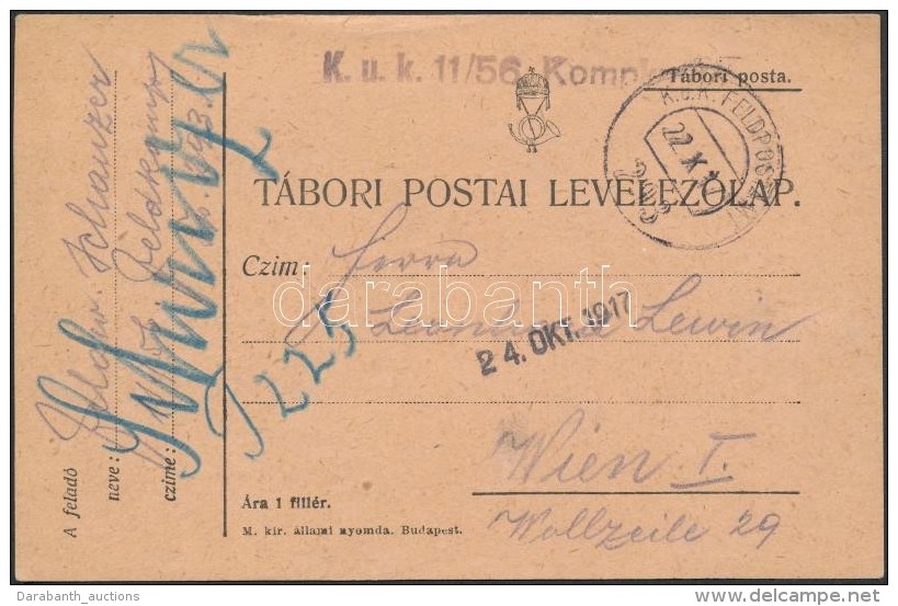 1917 T&aacute;bori Posta LevelezÅ‘lap / Field Postcard 'K.u.k. 11/56 Komp...' + 'FP 293' - Autres & Non Classés