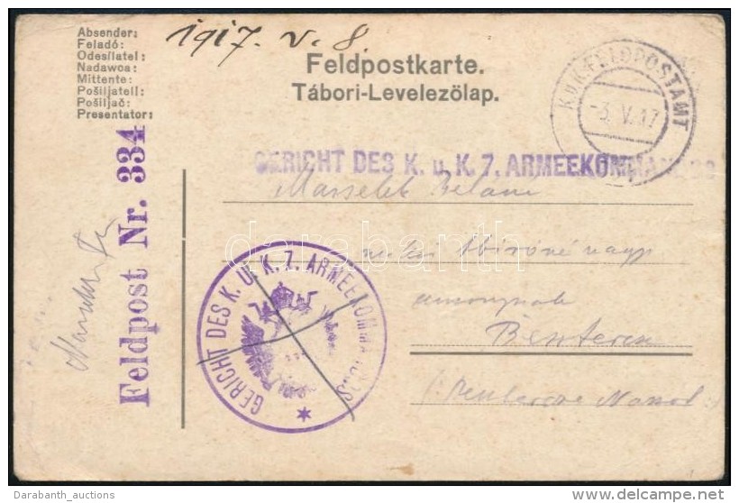 1917 T&aacute;bori Posta LevelezÅ‘lap 'GERICHT DES K.u.K. 7. ARMEEKOMMANDOS' + 'FP 334' - Autres & Non Classés