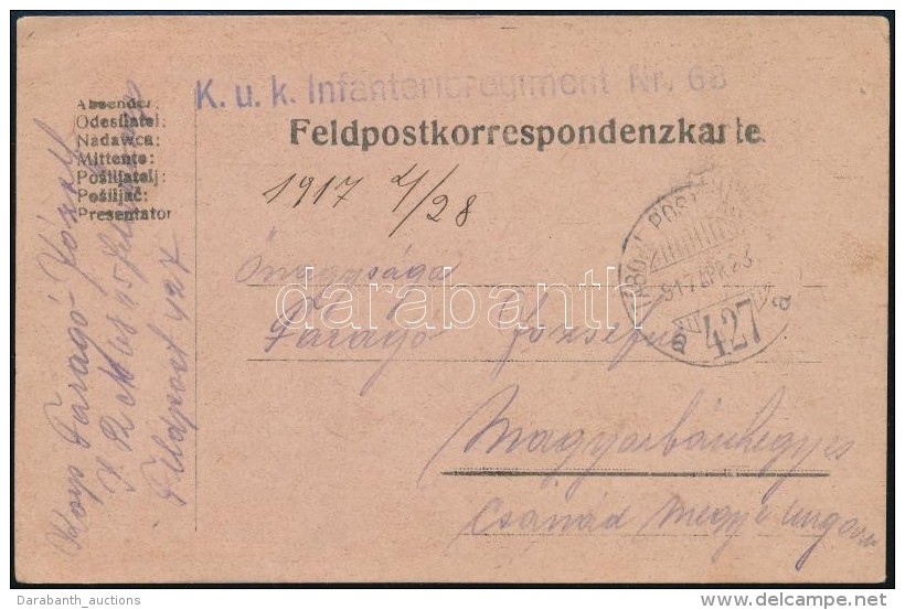 1917 T&aacute;bori Posta LevelezÅ‘lap / Field Postcard 'K.u.k. Infanterieregiment Nr.68' + 'TP 427 A' - Autres & Non Classés