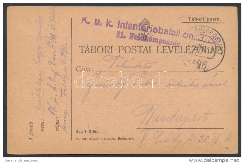 1917 T&aacute;bori Posta LevelezÅ‘lap / Field Postcard 'K.u.k. Infanteriebataillon 3/38 11. Feldkompagnie' + 'FP... - Autres & Non Classés