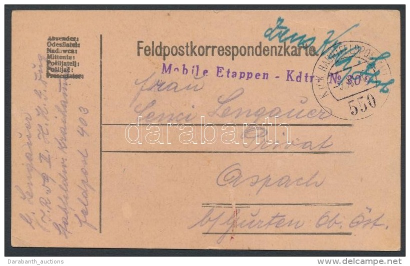 1917 T&aacute;bori Posta LevelezÅ‘lap / Field Postcard 'Mobile Etappen - Kdtr. No.309' + 'HP 550' - Autres & Non Classés